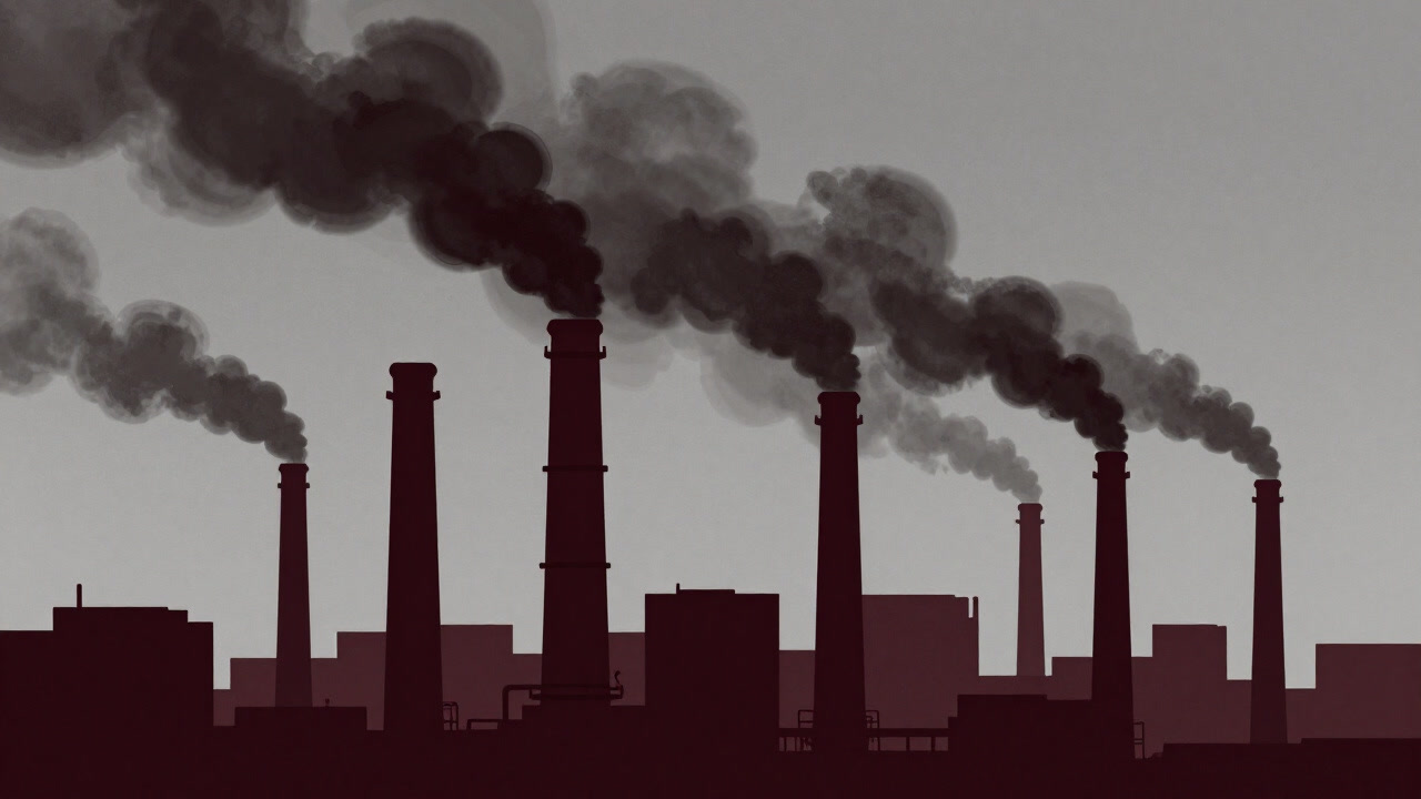 煙を吐き続ける工場が立ち並ぶ都市の風景。空は灰色に染まり、人々は息を止めかねない。