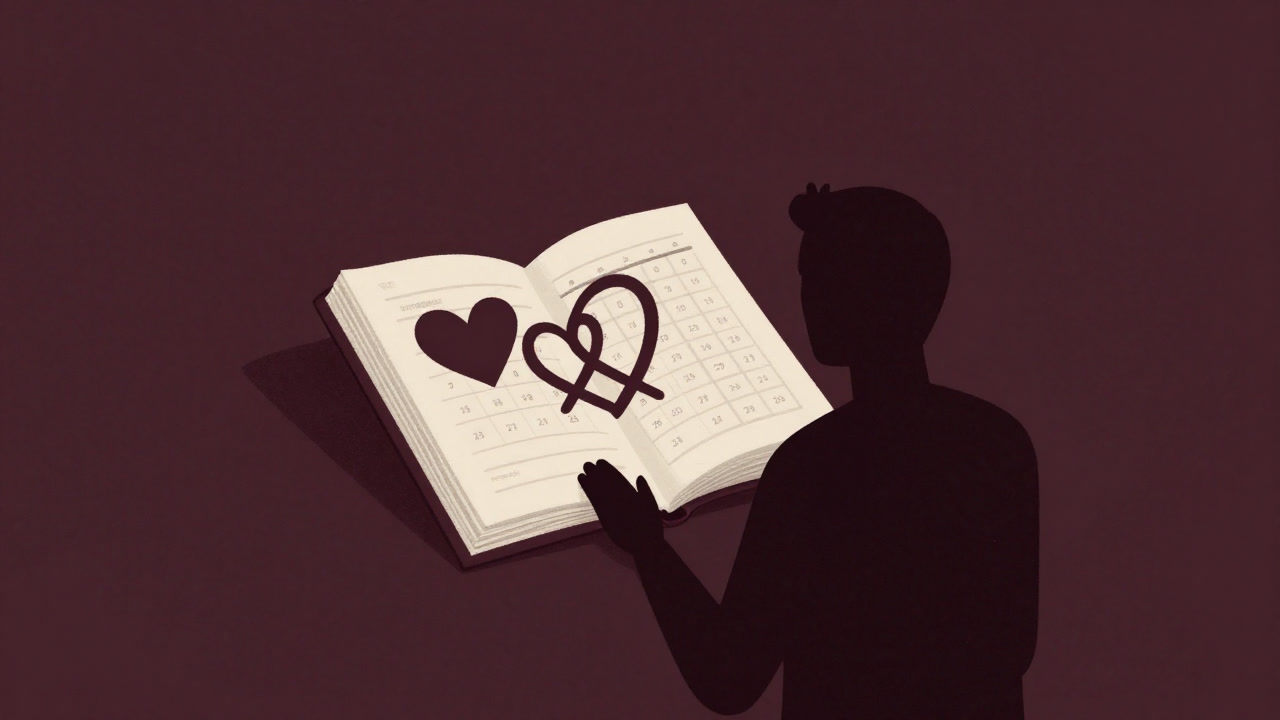 複数のハートが絡み合い、カレンダーがびっしり埋まったダイアリーを見つめる人物のシルエット