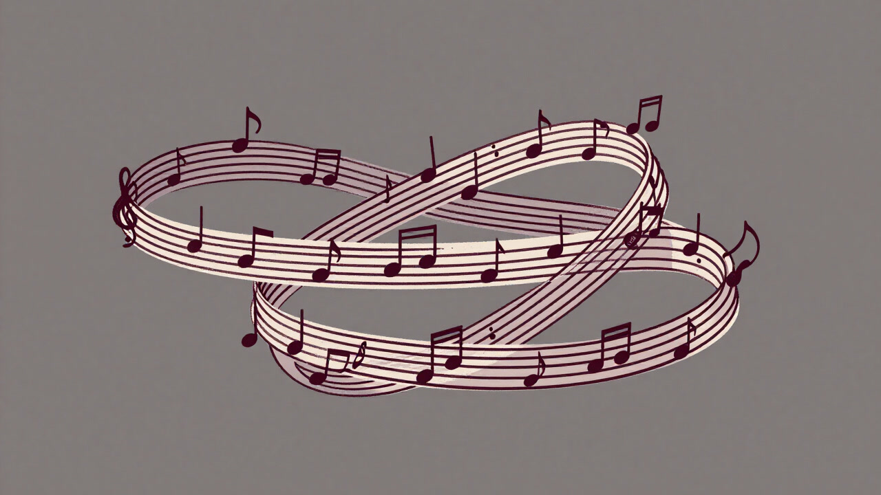 An illustration of swirling musical notes with multiple intertwined voices creating a beautiful yet chaotic vortex