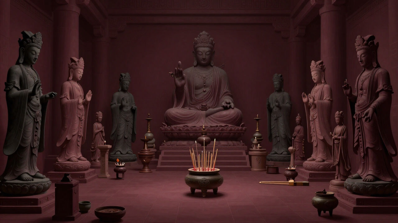 様々な神像がひしめきあう神殿の内部、無数の香炉と供物が並ぶ。