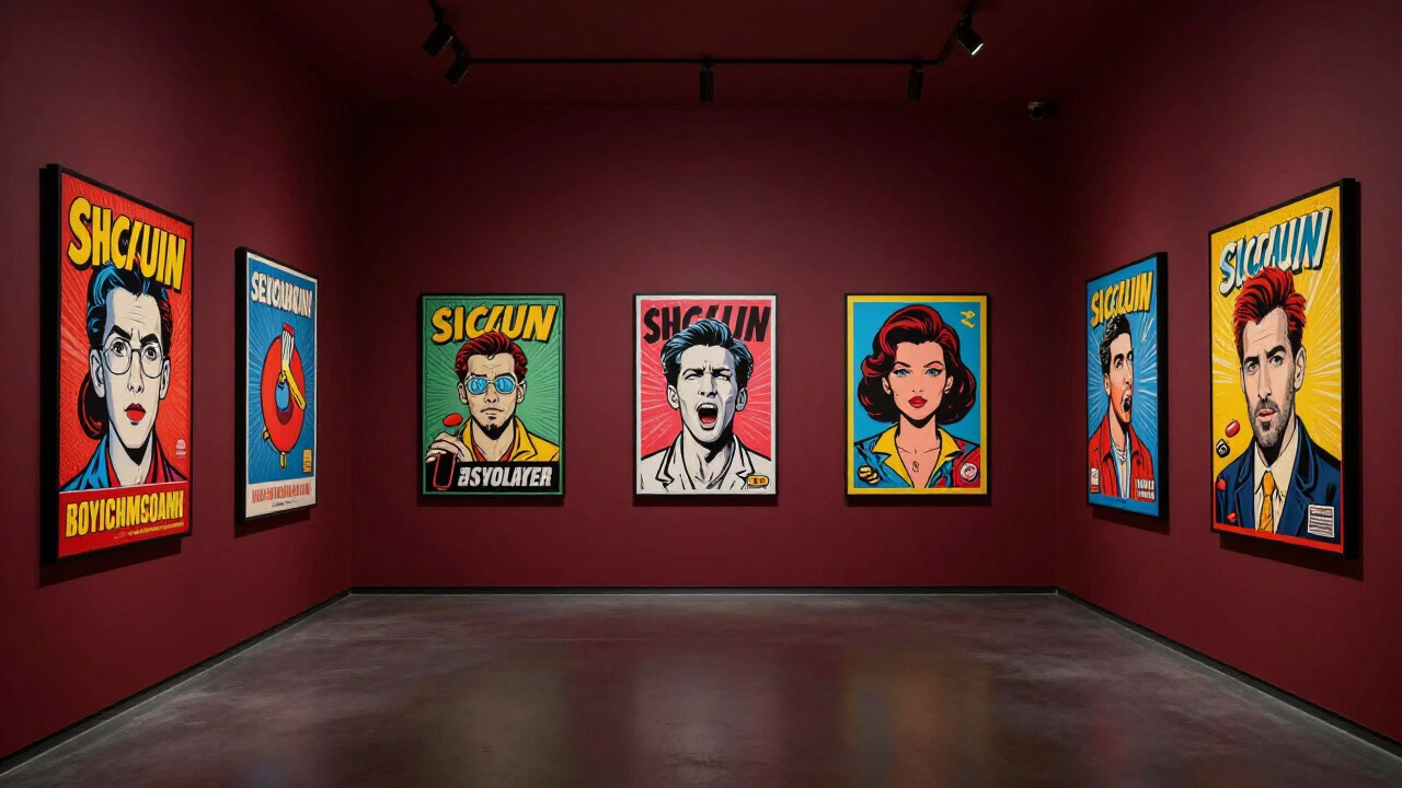 広告ポスターとチューインガムの包装紙が混在する奇妙なギャラリー空間