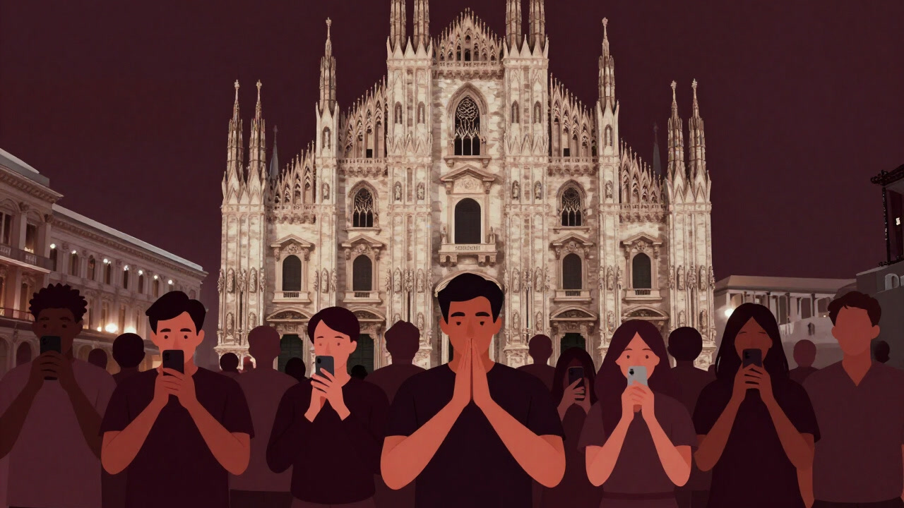 教会の前でスマホを構えながら祈る群衆が信仰のポーズを決める様子を描いたイラスト