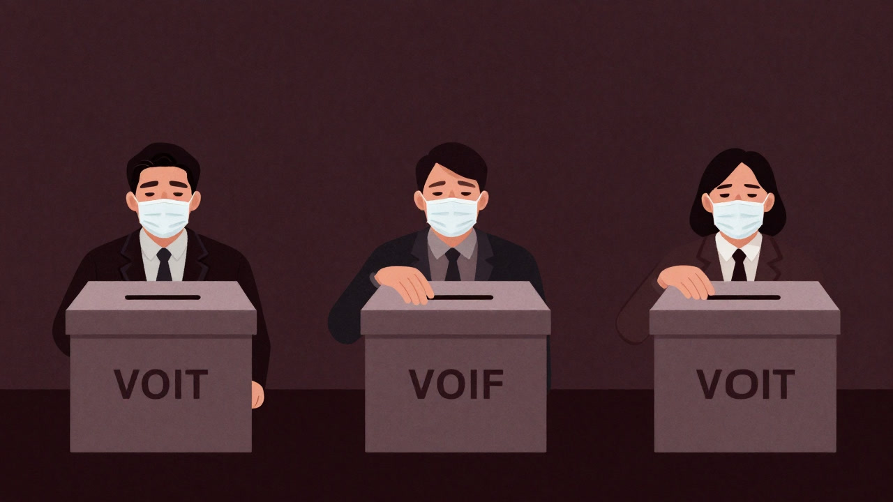 投票箱の影から覗く市民たちが、主権者を演じる皮肉な情景