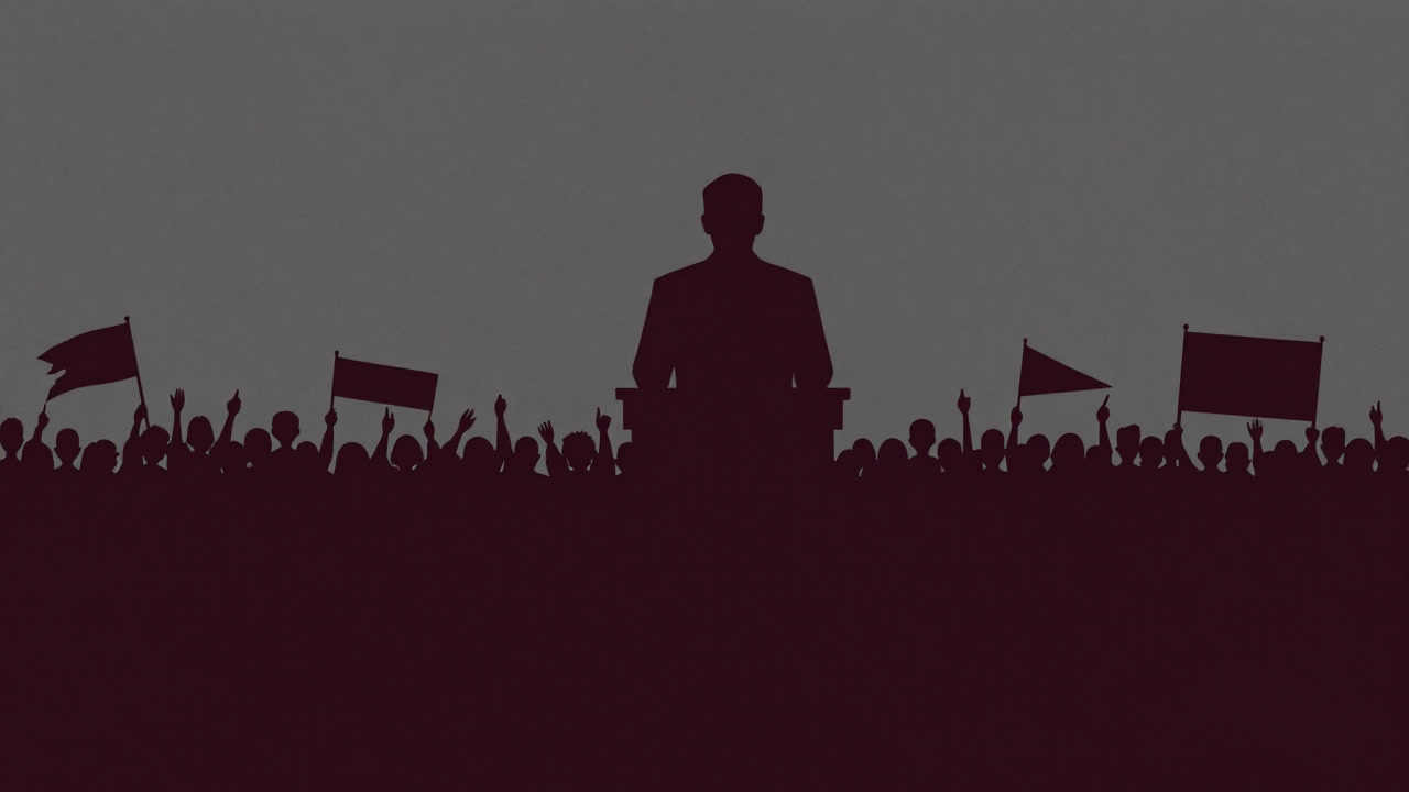 Silhouette of a politician raising one hand high on a podium in front of a large crowd
