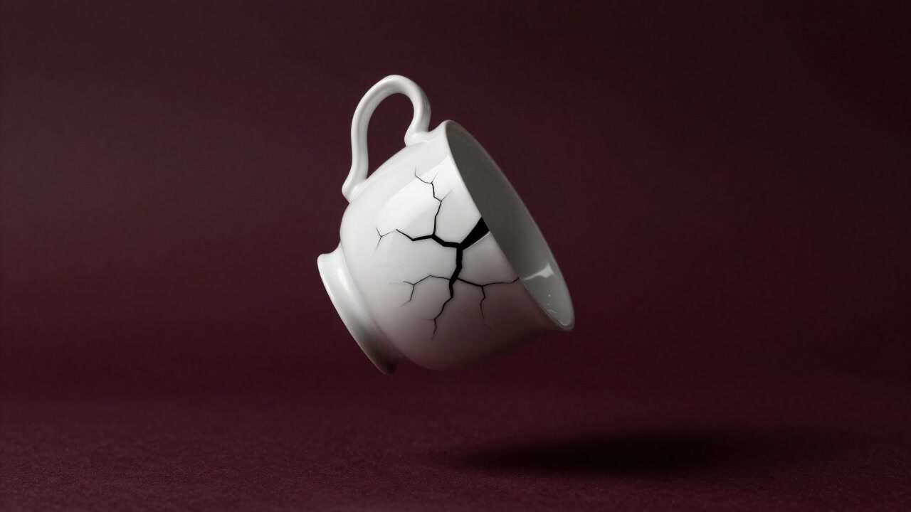 A black-and-white photo of a white porcelain teacup casually dropping to the floor, cracks spreading instantaneously