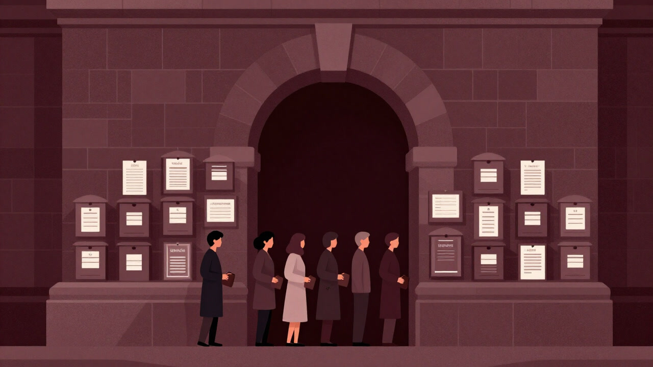 荘厳な石造りのアーチが募金箱とパンフレットで彩られ、神聖さと商売臭さが入り混じる門の画像