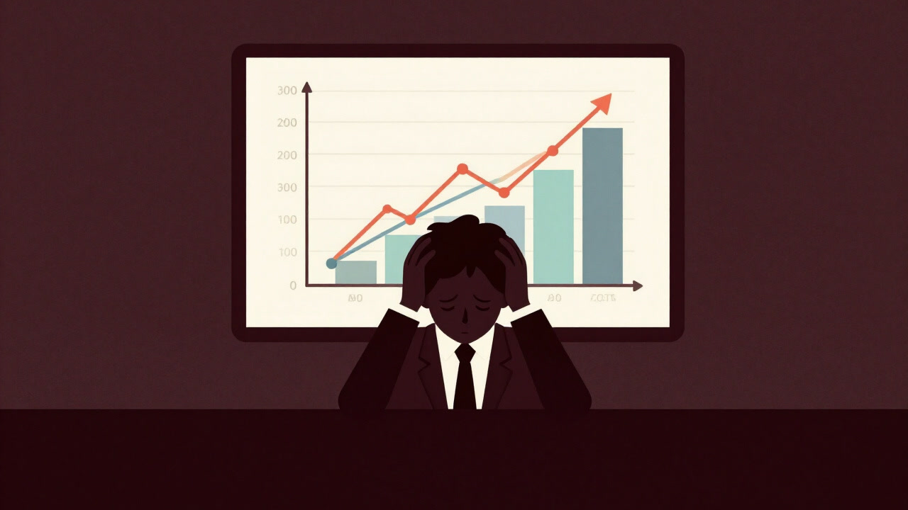 Silhouette of a businessman confusedly holding his head in front of a mixed asset allocation chart