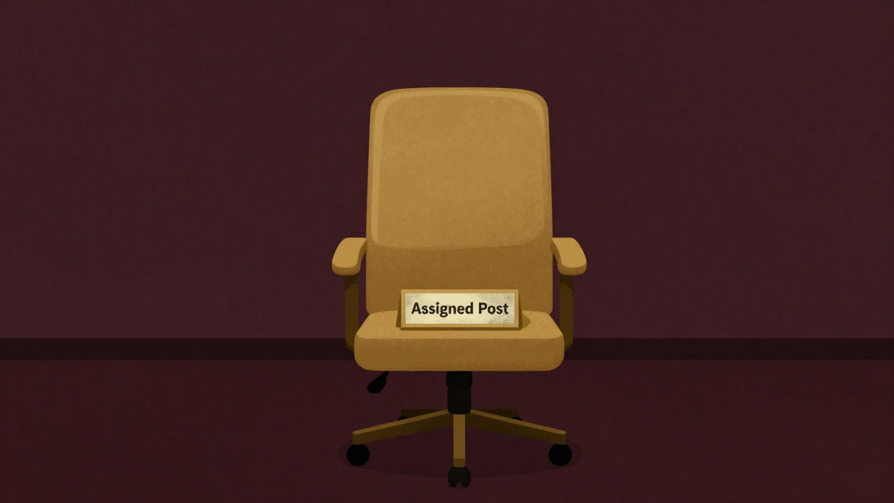 Illustration of an empty golden chair in the center of a meeting room, gathering dust with only a nameplate reading 'Assigned Post'.