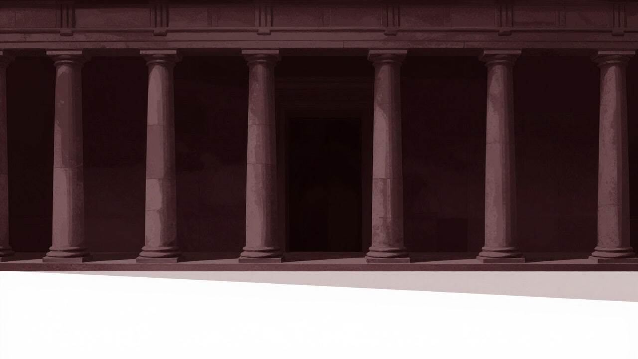 列を成す石柱が古びた建物の前で無言の威圧を放つ様子