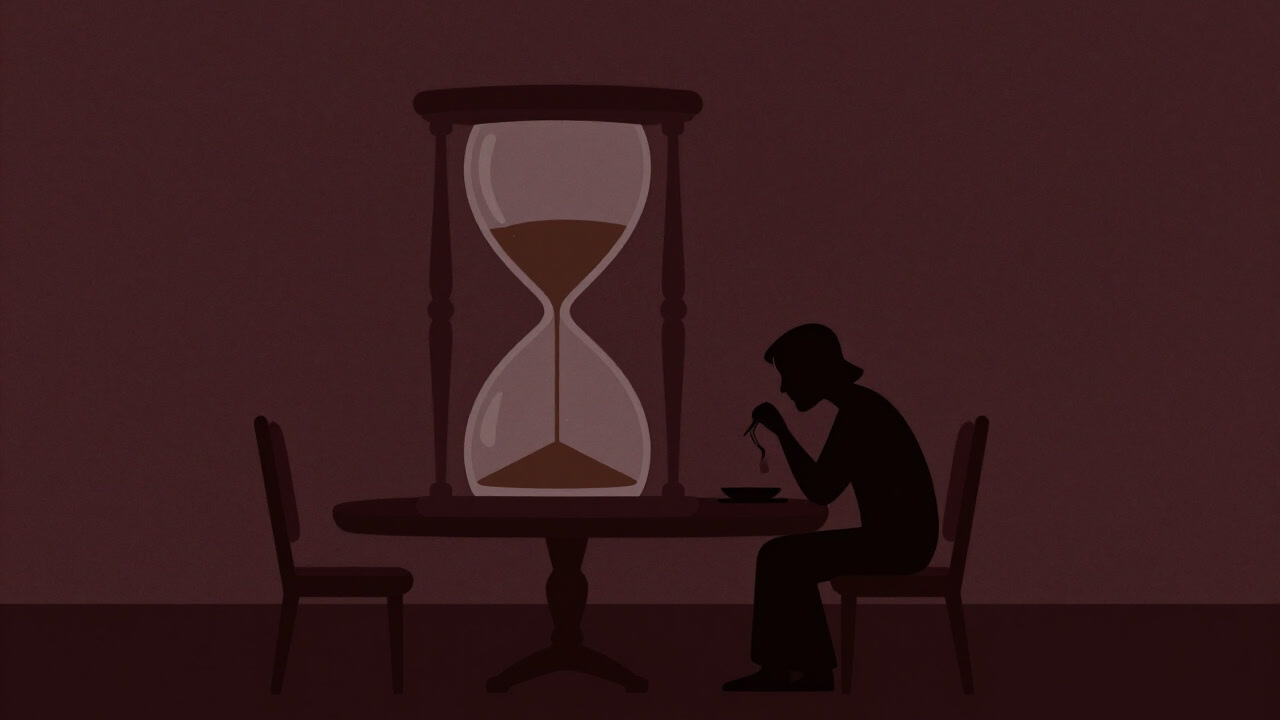 A silhouette of a person hesitating before a large hourglass placed on a dining table