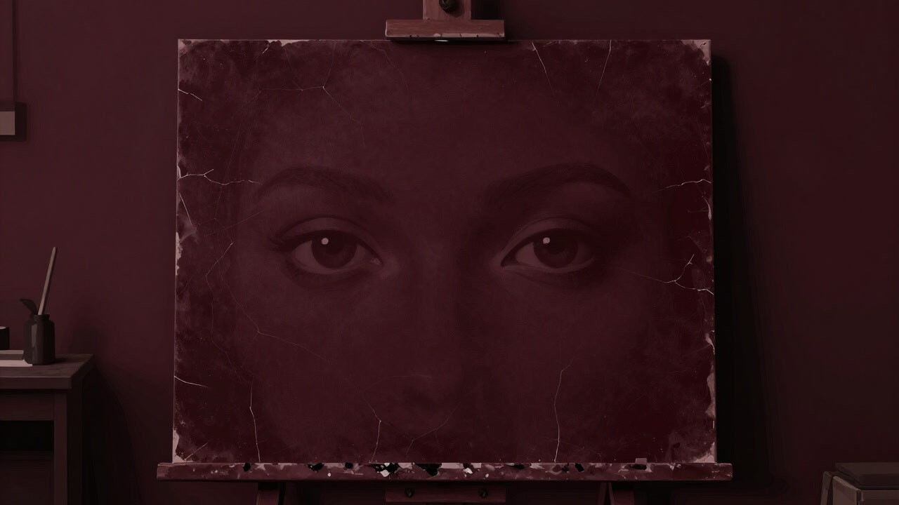 古びたキャンバスに浮かぶ無表情な目線がほの暗い画廊で観客を見返す様子