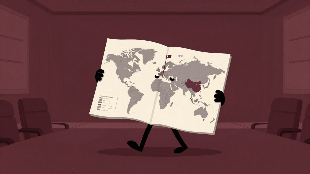 Anthropomorphic product carrying a market map, busy marking territory