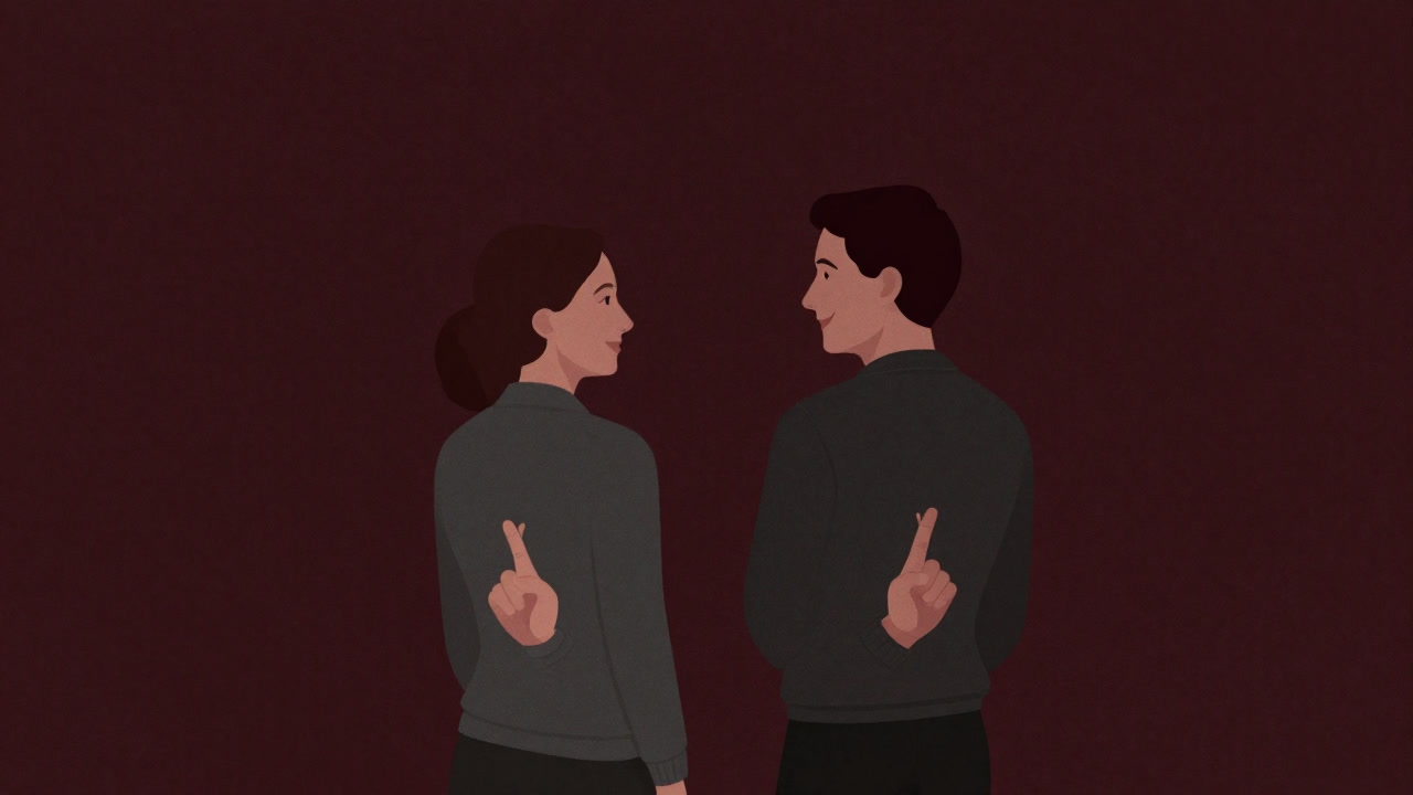 人々が微笑み合いながら背後で指先をクロスしている風刺的なイラスト