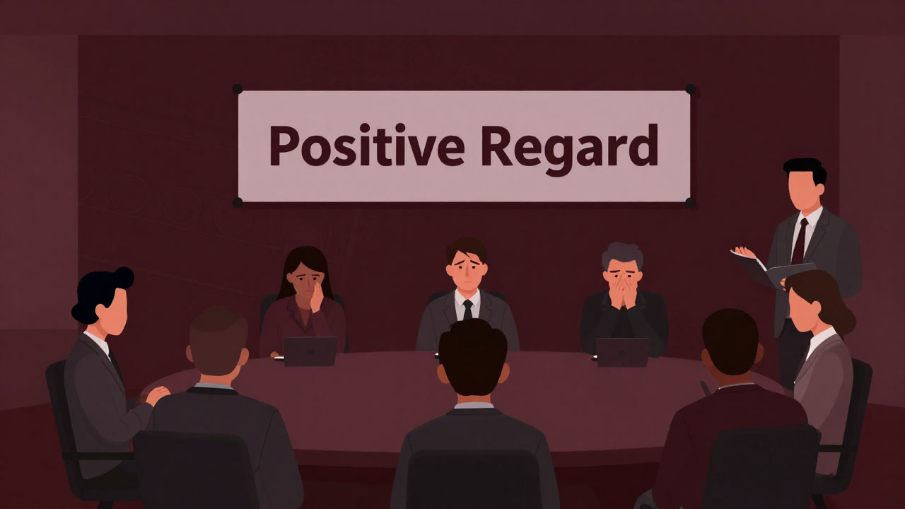 会議室で『積極的尊重』と書かれたスローガンの下、社員がわずかに頷きながらも心の中で疑念を抱くイラスト