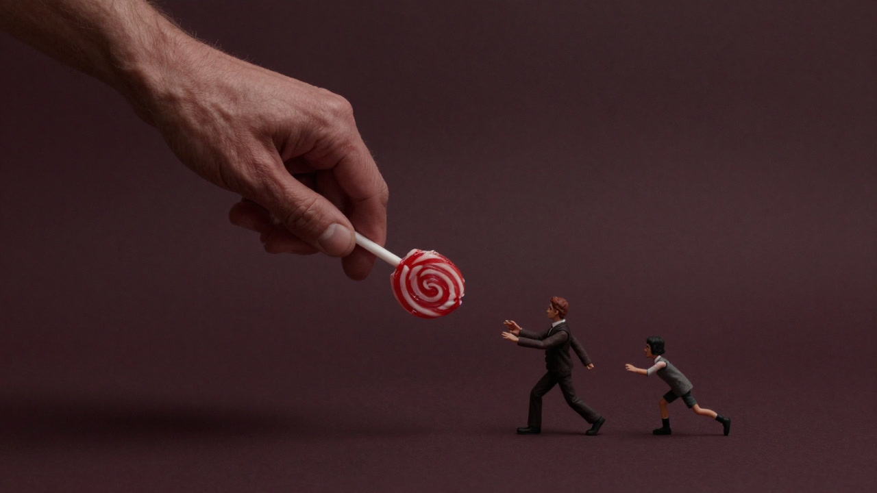 手に飴を持ち、人形がその飴を目指して従う様子を示す風刺的イラスト