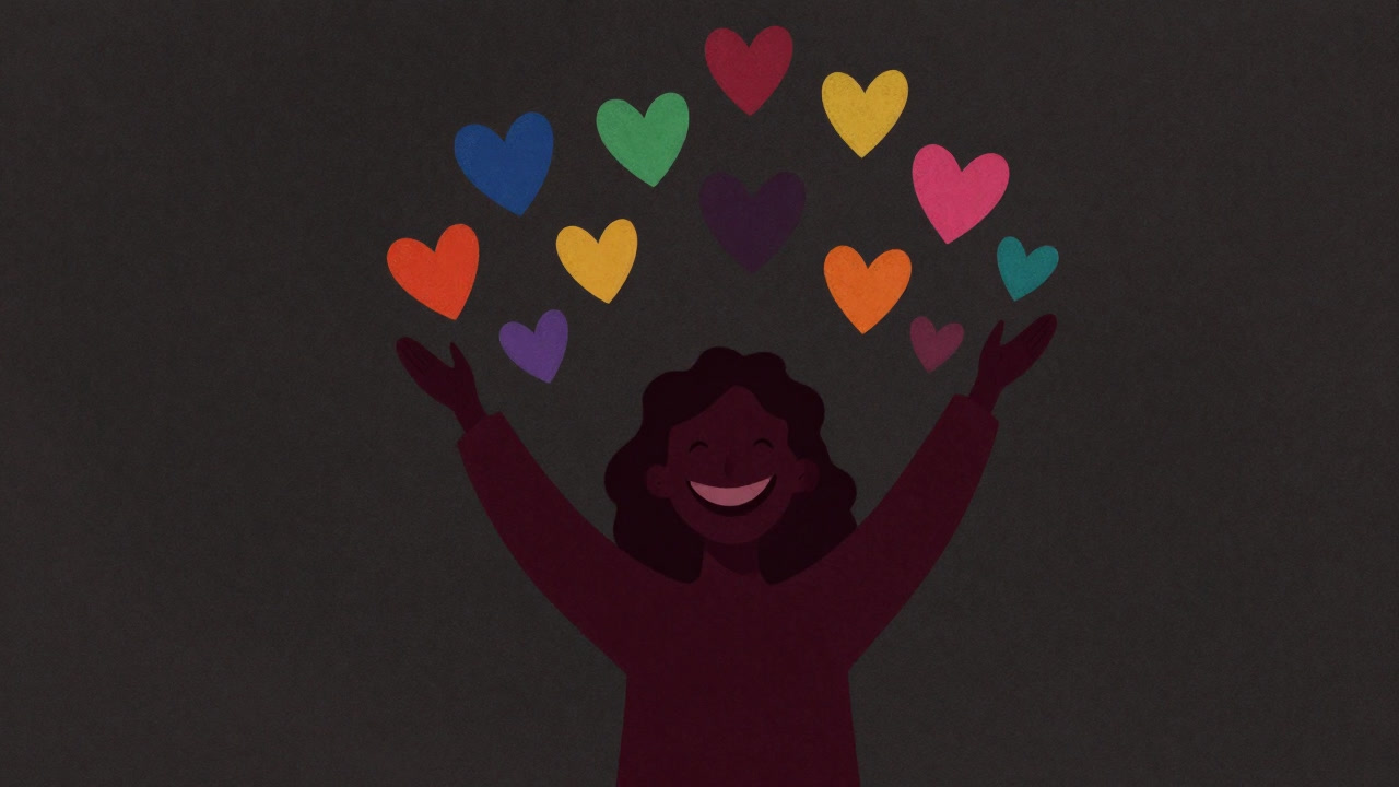 カラフルなハートが宙を舞い、温かな笑顔のシルエットが感情を祝福する抽象的イラスト