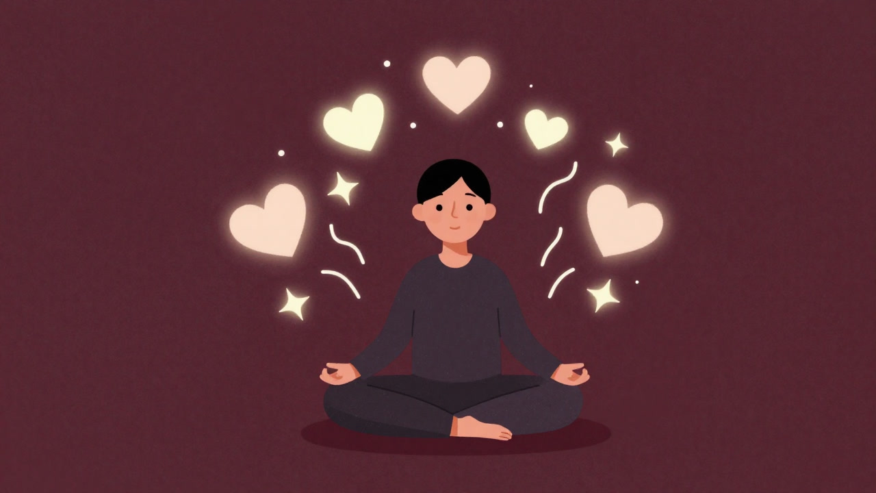 Illustration of a person in a meditation pose surrounded by floating hearts and stars representing waves of positivity.