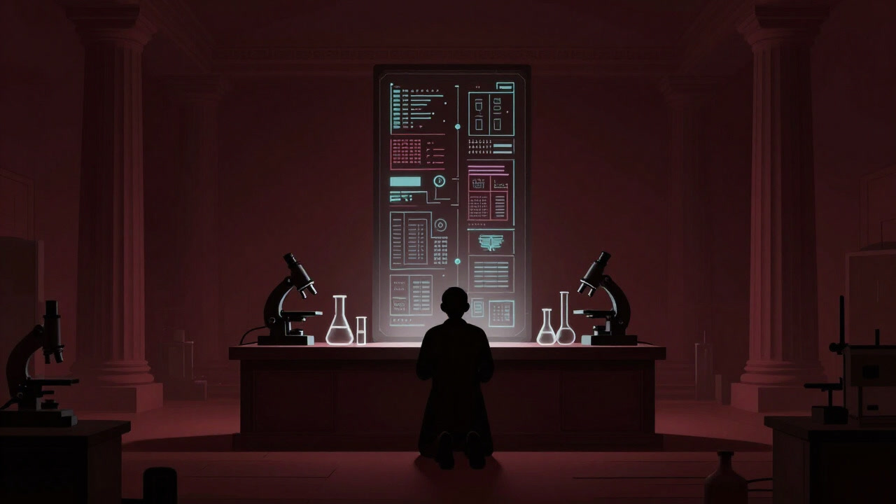 Silhouette of a researcher kneeling before numbers displayed with beakers and microscopes
