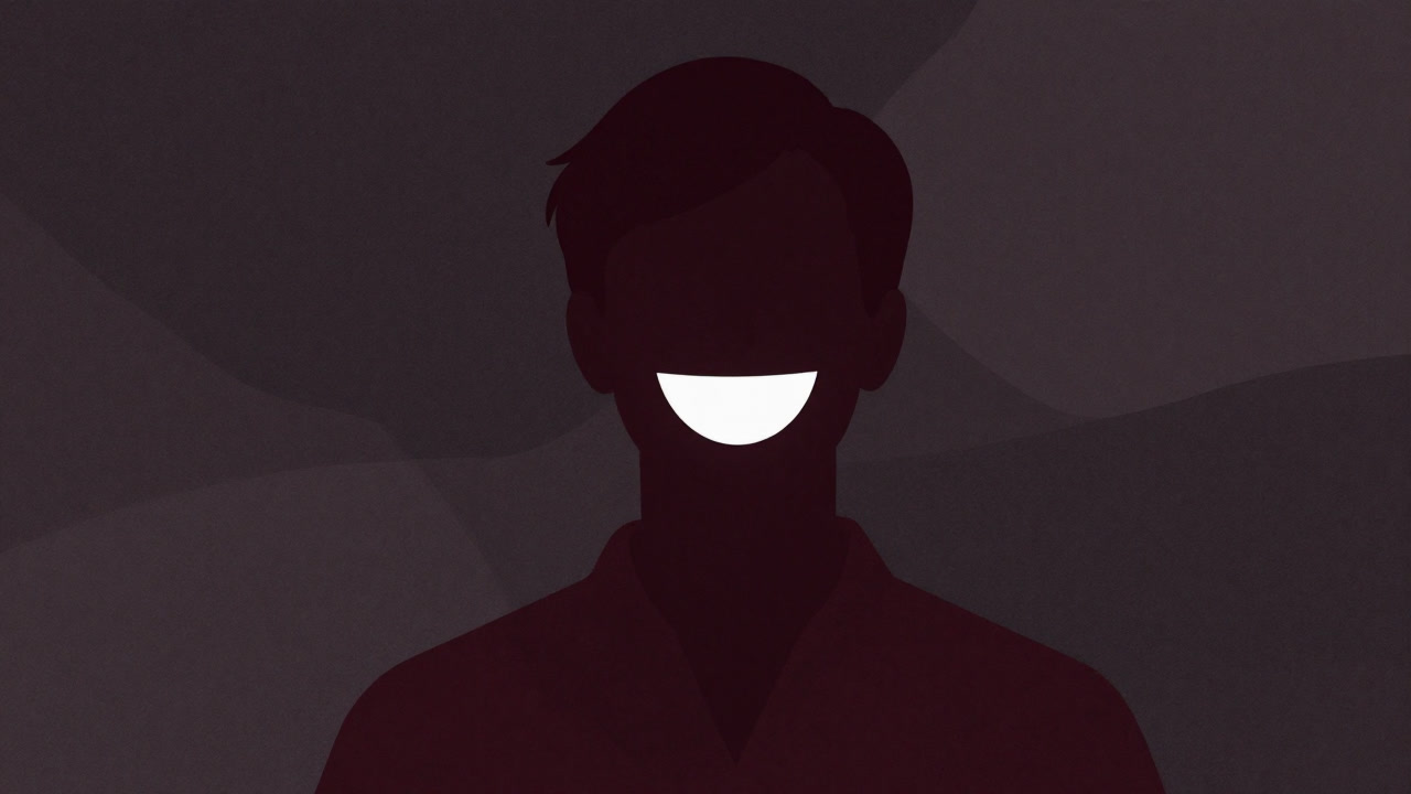 Silhouette of a person forcing a smile, illuminated against a dark background