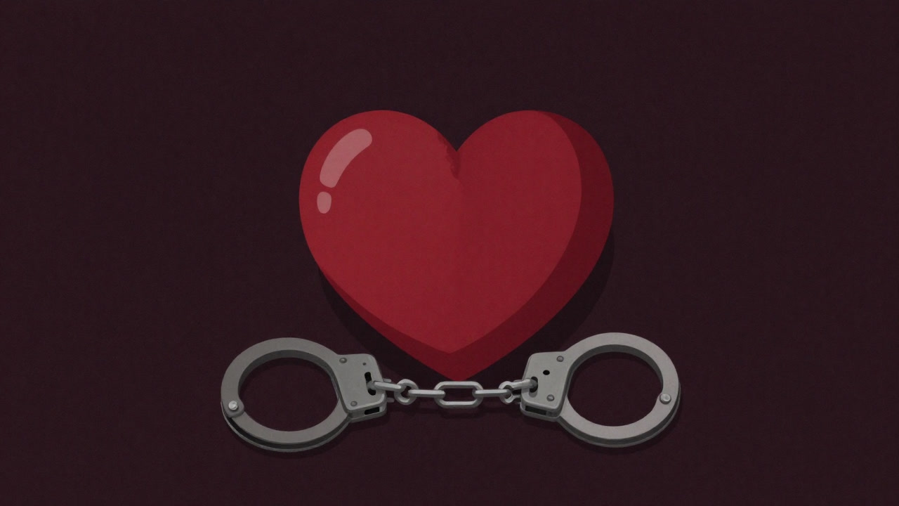 Illustration of a heart in handcuffs linked by chains