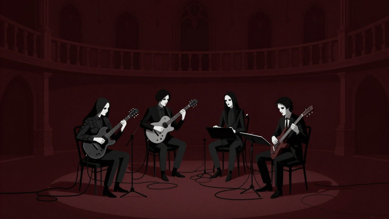 薄暗いステージに無表情なバンドが佇み、ケーブルが蔦のように絡みつくモノクロの光景