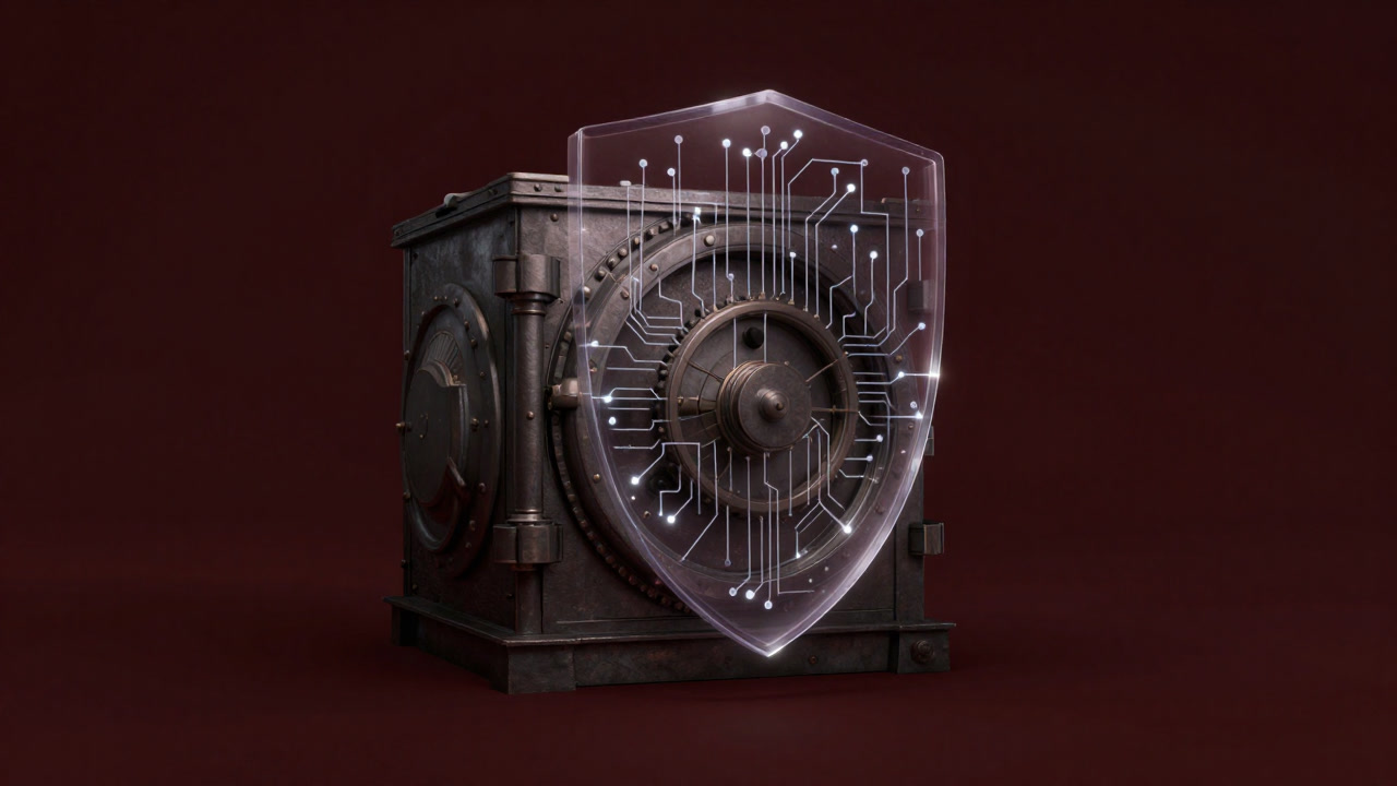 Image of an antique vault adorned with a transparent shield of quantum circuits hovering behind it.