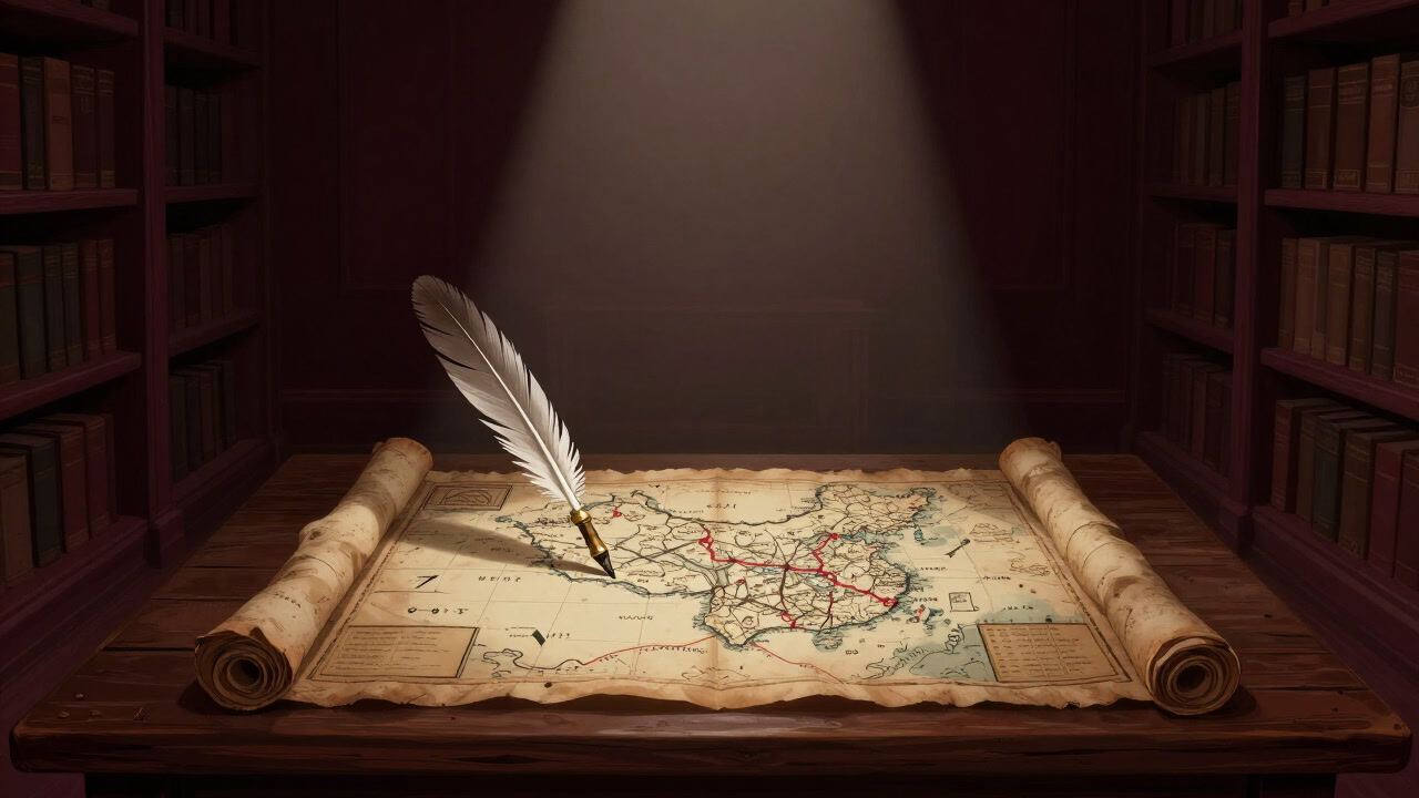 古びた図書館の奥で埃を被った帝国地図にスポットライトが当てられ、その上に置かれたペンが罪悪感を語りかけるような画像