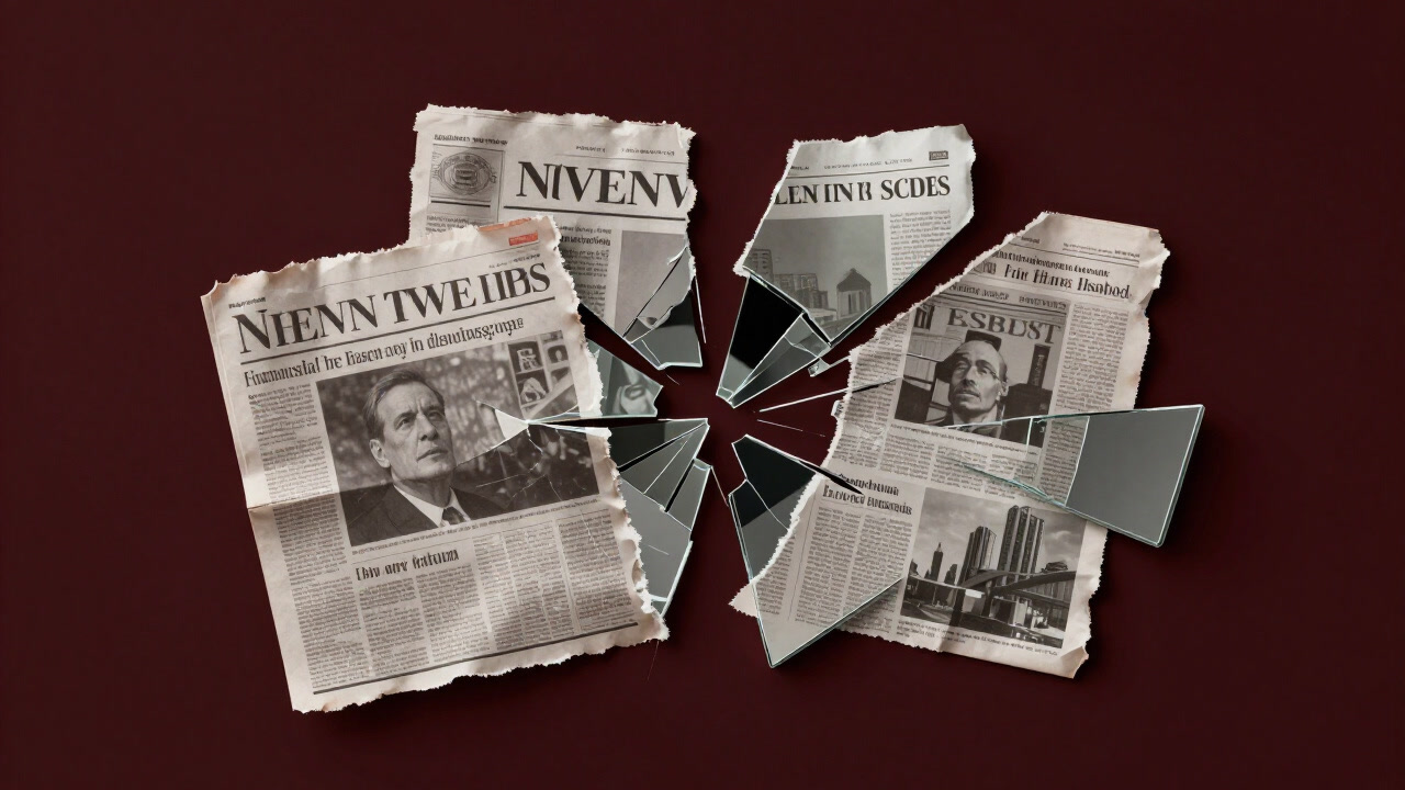 Fragmented newspaper clippings and distorted mirror reflections illustrating the fractured nature of postmodern discourse