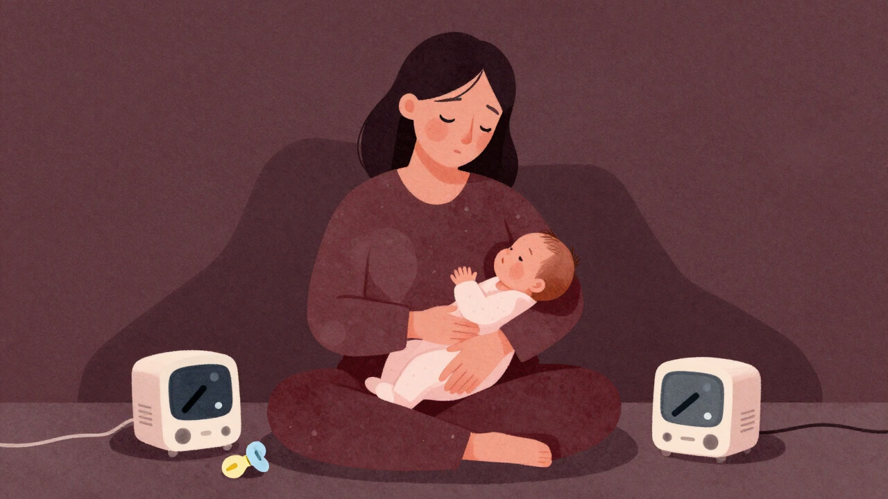 産後の母親が寝不足で朦朧とした表情で赤子を抱えるイラスト