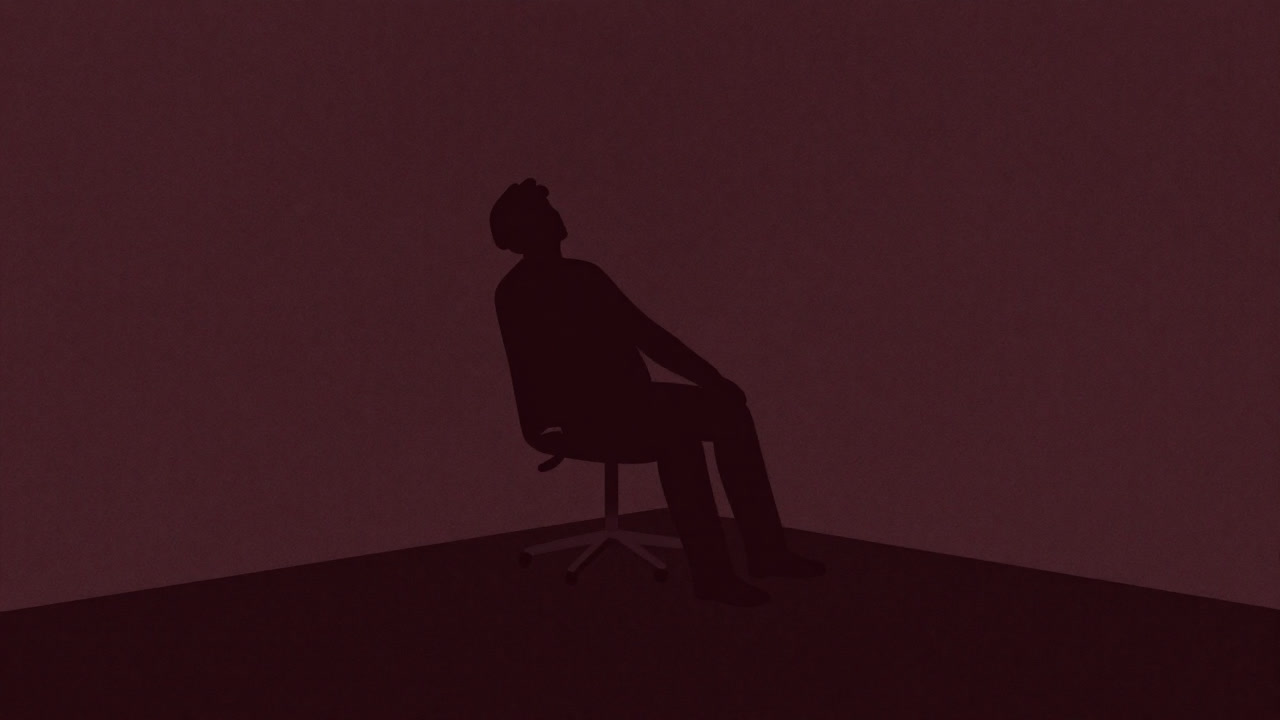 壁に映る猫背のシルエットが自信なさを物語る、オフィスの薄暗い一角の様子