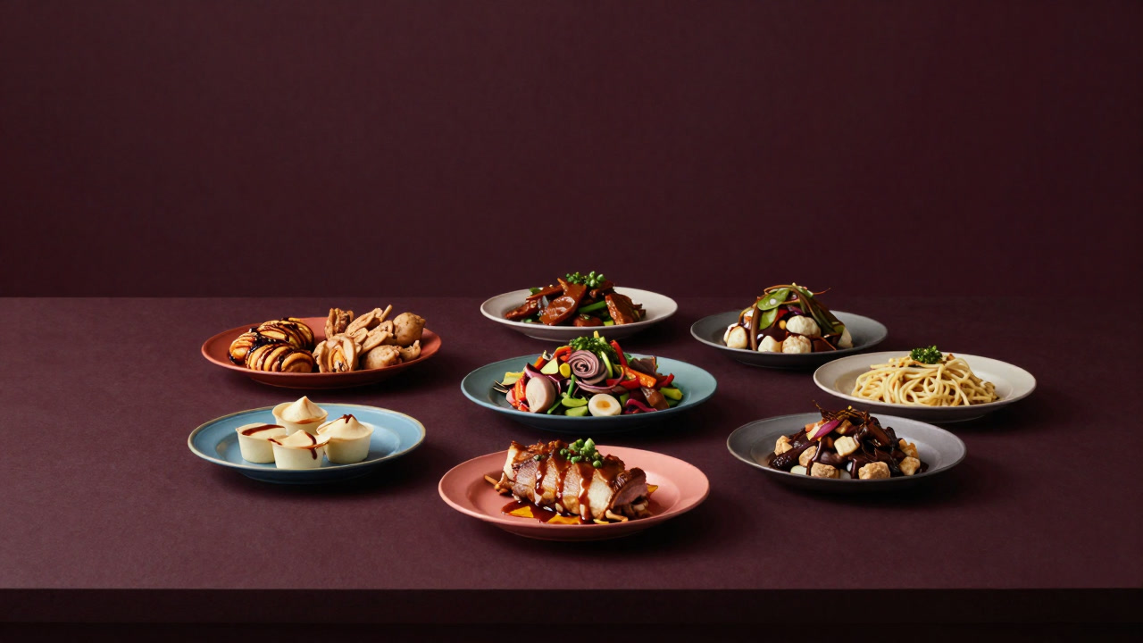 A photo capturing the tense moment of colorful dishes lined up on a table, peeking at each other