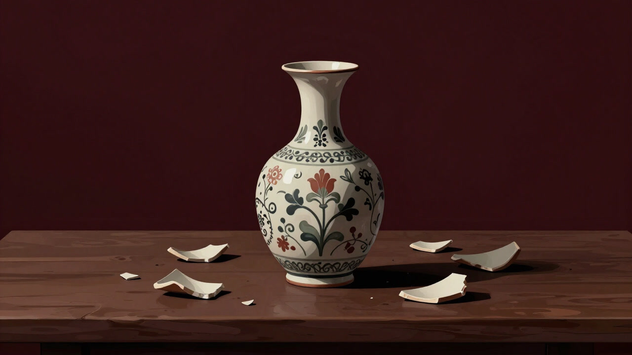 Image of a beautifully decorated bud vase standing anxiously among scattered pottery shards on a table