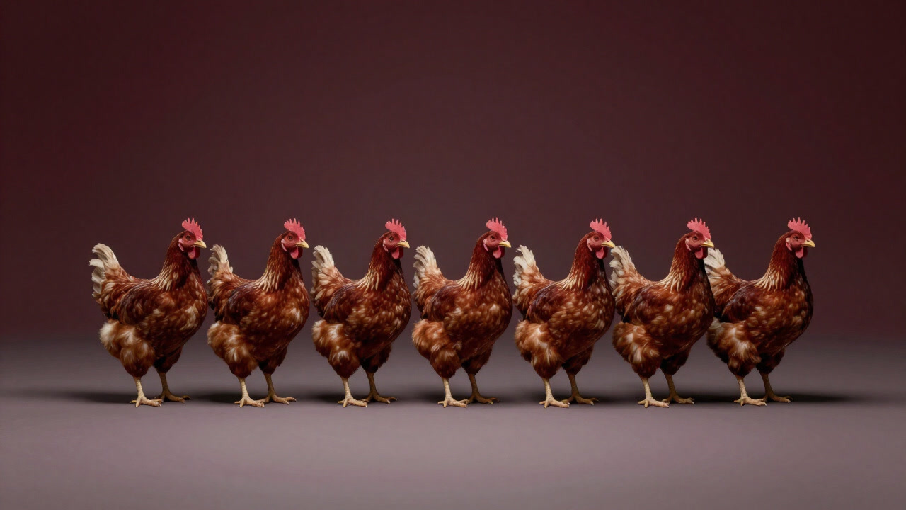 鶏小屋の中で無表情な鳥たちが直列に並ぶ陰鬱な写真