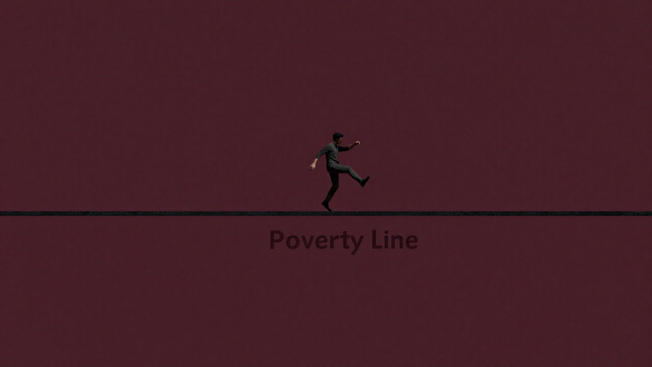 小さな人物が大きな線を飛び越えようとして足をすくめる構図、人々の貧困線越えの苦闘を象徴的に表現したイラスト