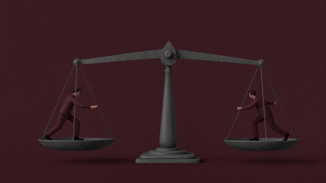 Two people desperately pushing against each other on a giant scale to maintain balance