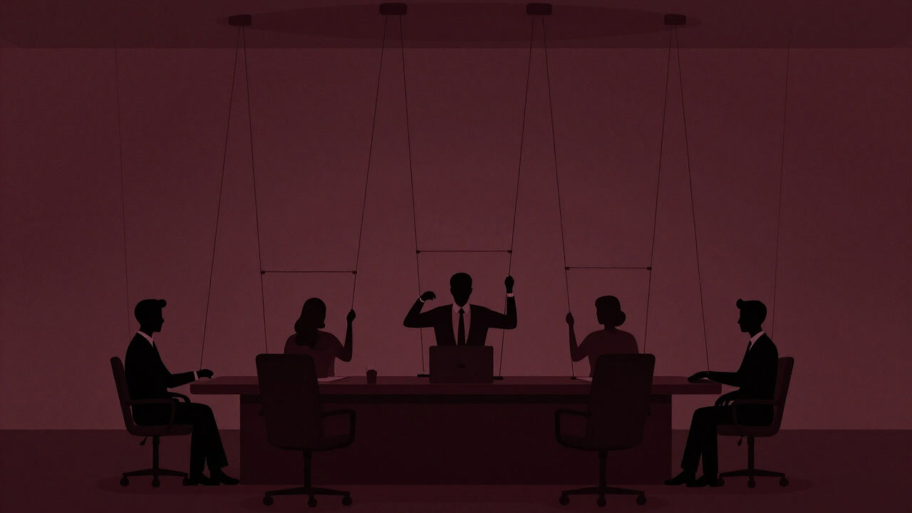 会議室の中央で人形のように操られる幹部たちの影が重なる暗いシルエットの画像