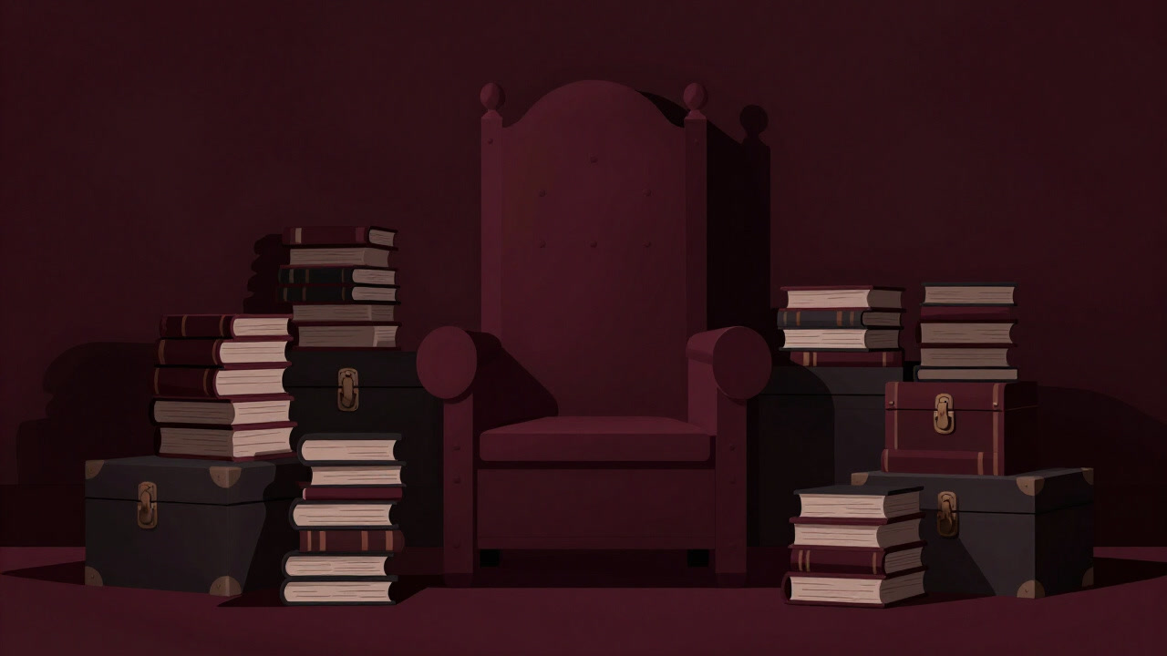 Illustration of a throne room piled high with books and locked boxes in darkness