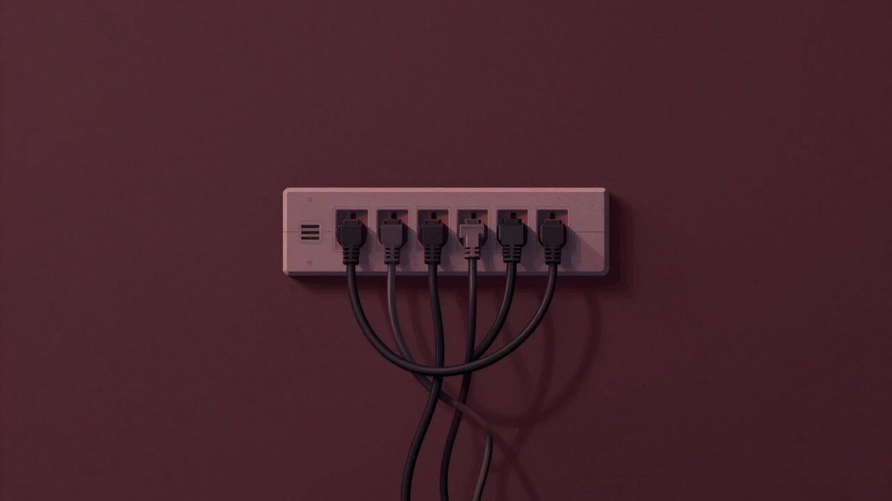 無数のケーブルが絡み合い、壁から引き出され続ける電源タップの写真。