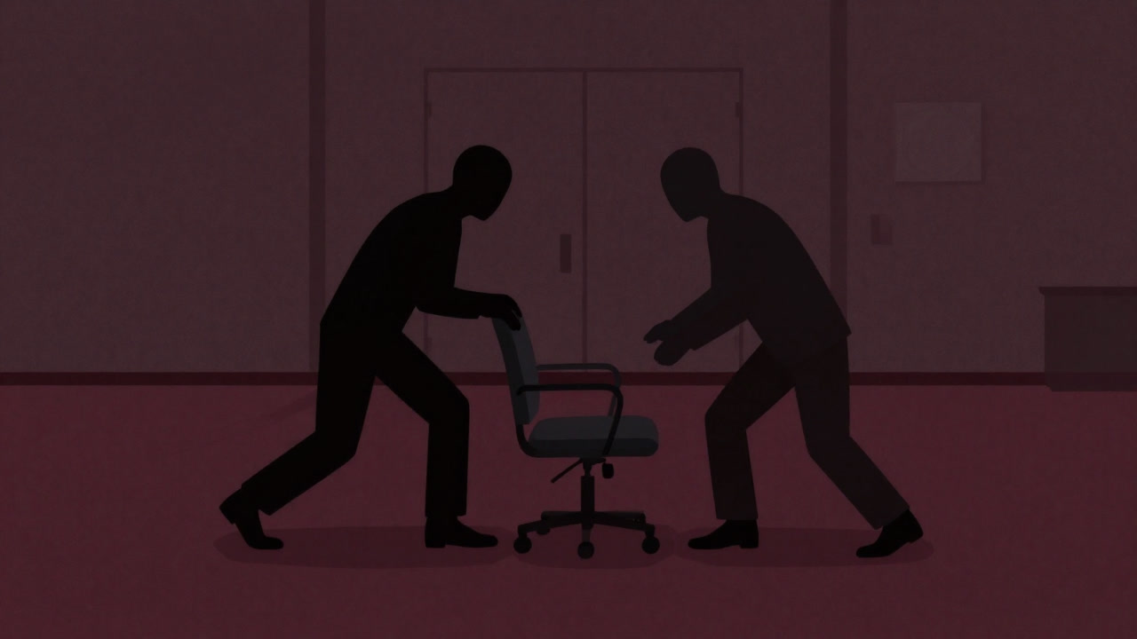 Silhouettes contending over a chair in the center of a conference room