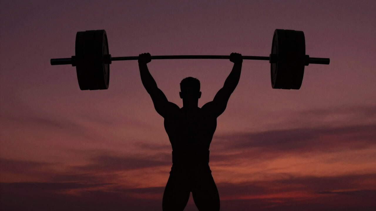 Silhouette of a person holding a barbell overhead, illuminated mystically by a sunset.