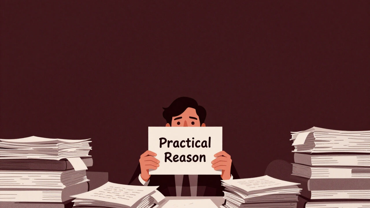 Illustration of a scholar-like figure buried in papers and notes, holding a placard labeled 'Practical Reason', staring into the void.