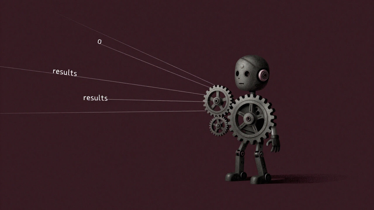 An abstract painting of a puppet made of gears being manipulated by outcome code