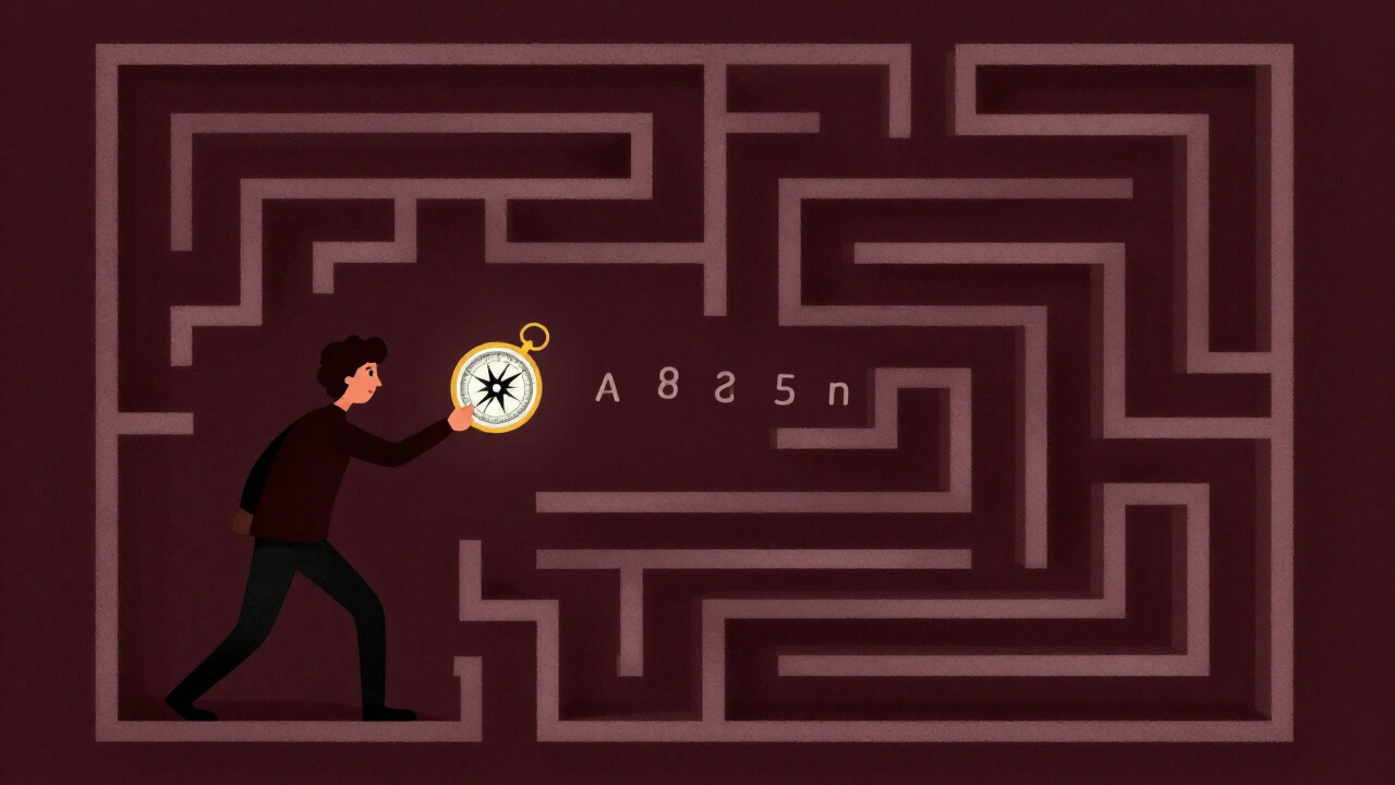 Illustration of a person holding a compass in a complex maze, ignoring directions while chasing numbers.