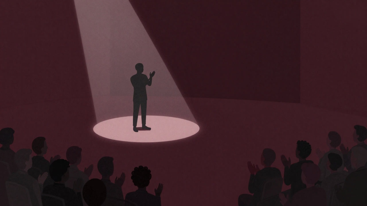 Silhouette of a person bathing in a spotlight on a stage, receiving applause from a crowd