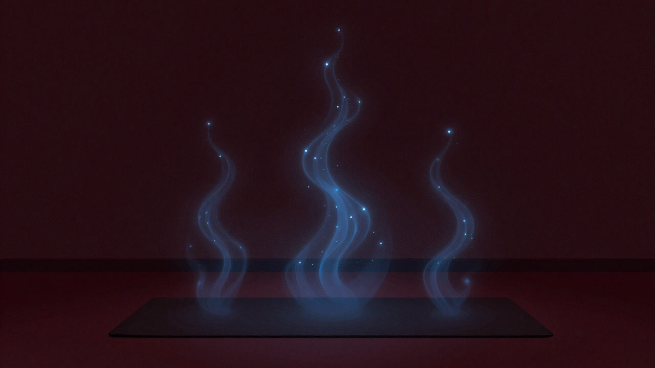 目に見えないはずのプラーナが、青い光としてヨガマットの上に漂うイラスト