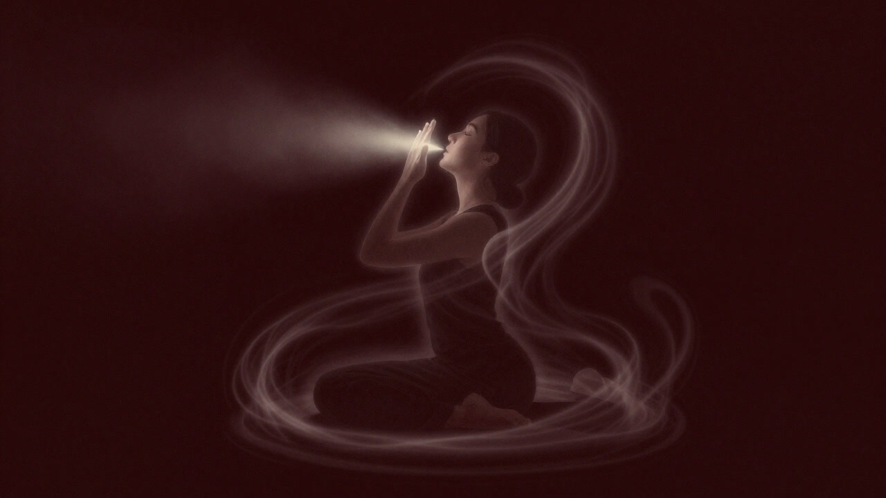 光り輝く呼吸を体現する修行者の横顔、背景に渦巻くオーラ