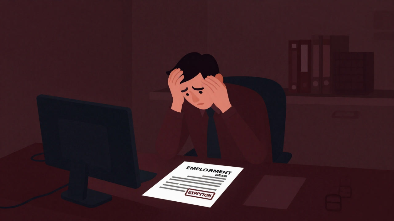 くすんだ事務所の隅で、更新期限が迫った雇用契約書に怯える労働者のシルエット