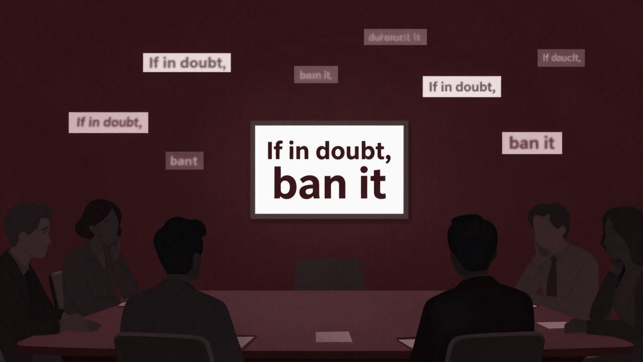 Silhouette of people in a dark meeting room staring at a sign saying "If in doubt, ban it" with floating white texts around