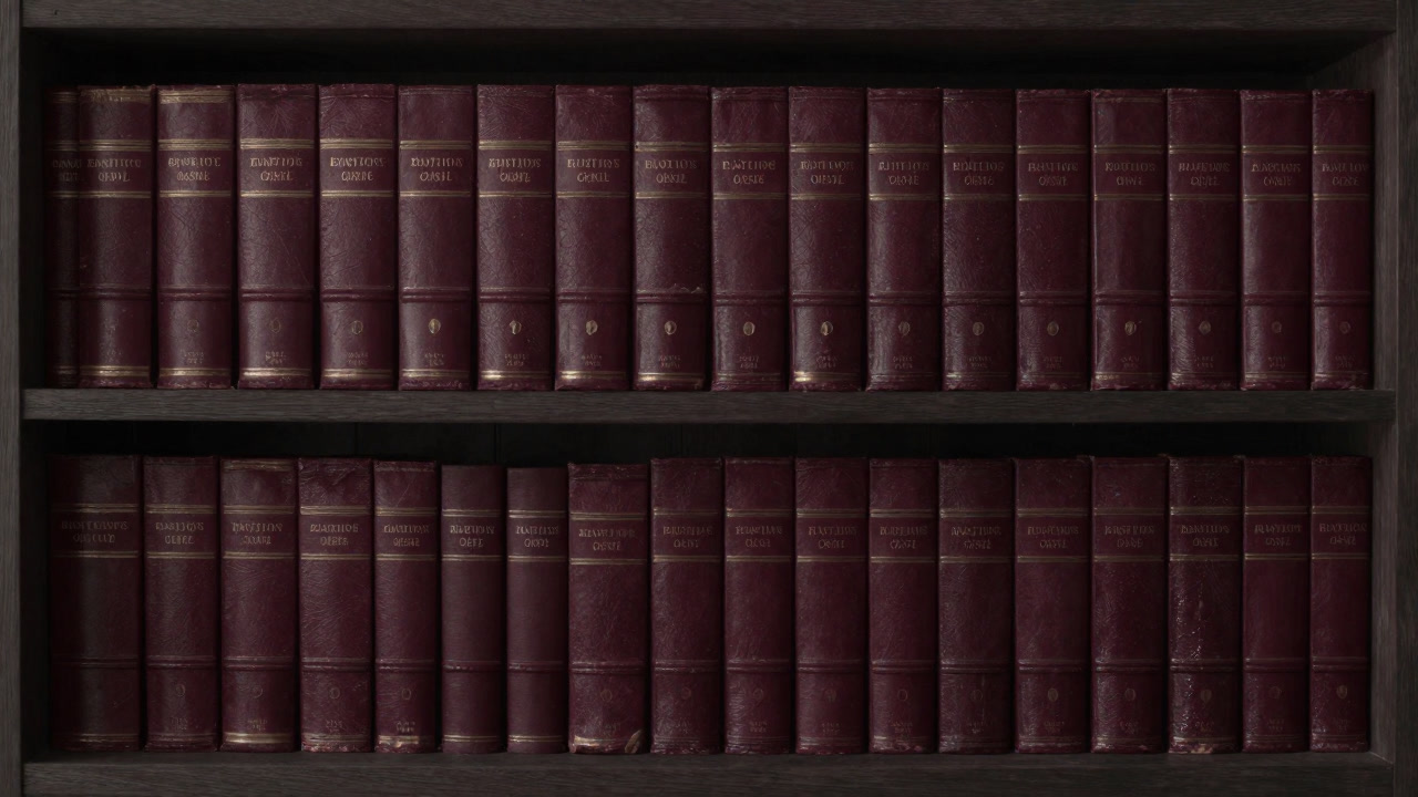 Image of dusty old case law books proudly lined on a shelf
