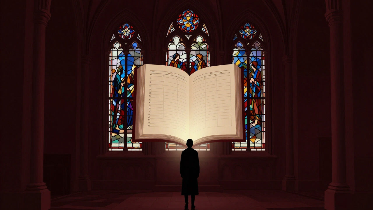 Silhouette of a person staring at a cosmic schedule book before a dark church stained glass